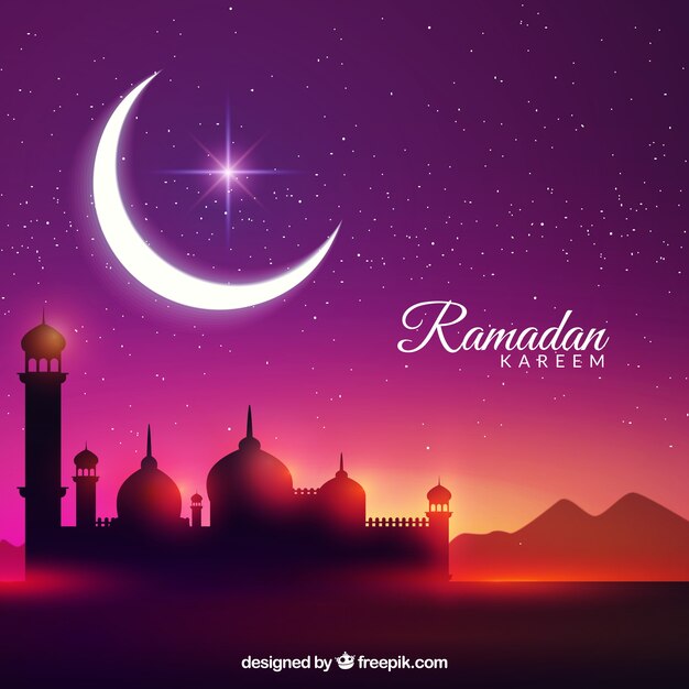 Фон Рамадана Карим с луной и мечетью