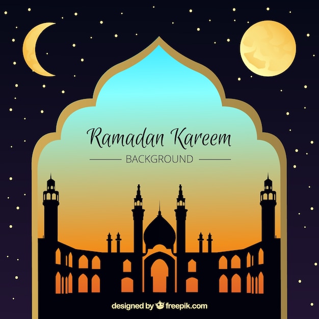 Free vector background of ramadan kareem with mosque at sunset