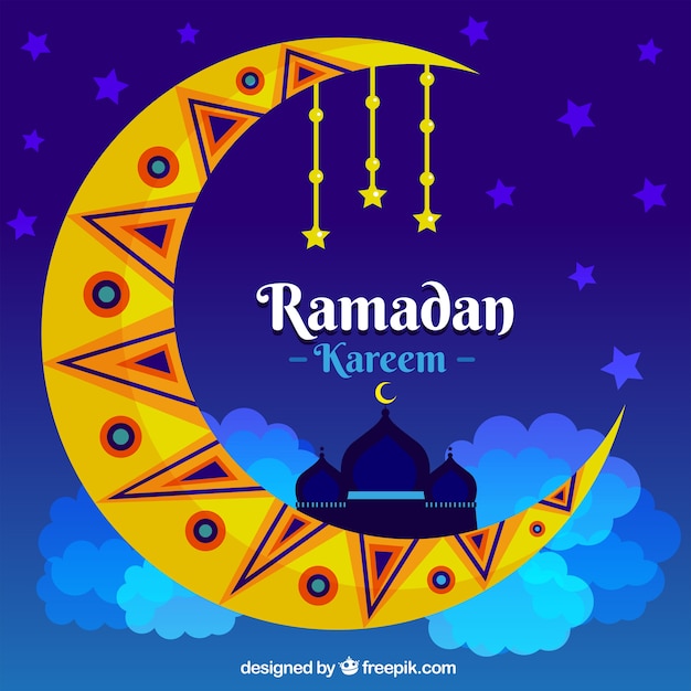 Background of ramadán with big moon in flat style