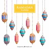 Free vector background of ramadán with colorful lamps