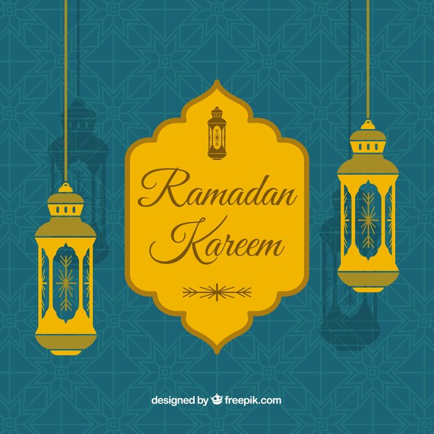 Background of ramadán with golden lamps in flat style