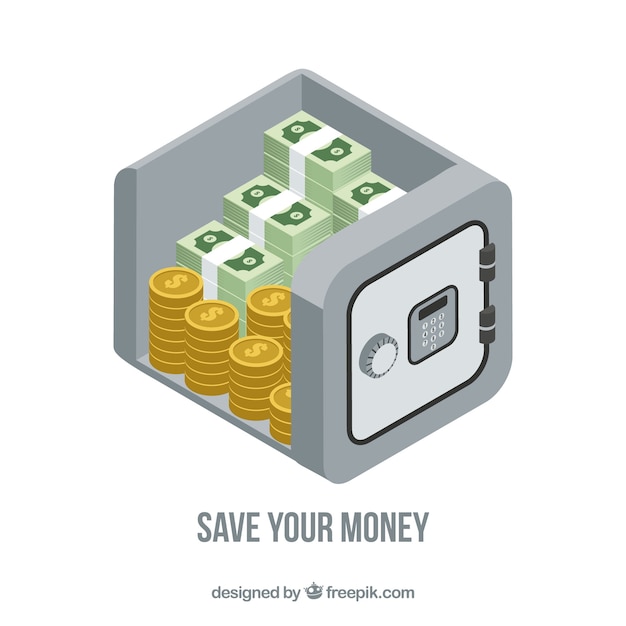 Background of safe with coins and banknotes