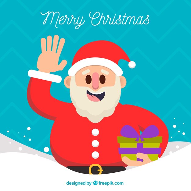 Background of santa claus waving with a gift