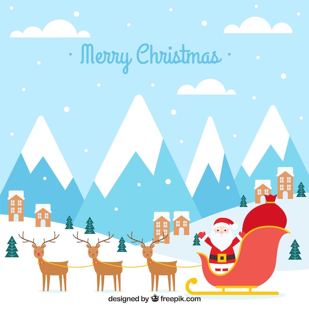 Free vector background of santa claus with sledge on the snow