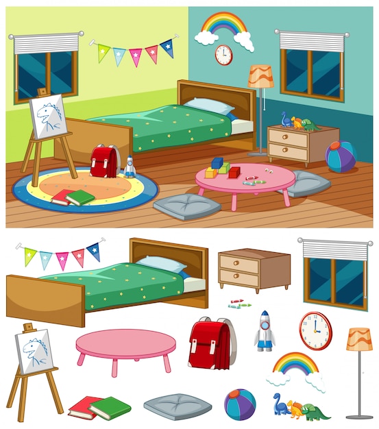 Бесплатное векторное изображение Фоновая сцена спальни с большим количеством мебели