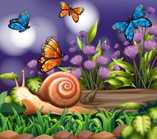 Background scene with butterflies in garden