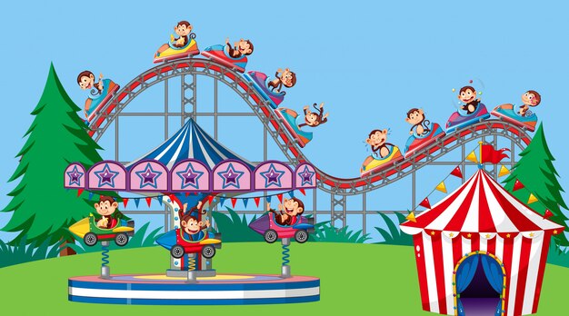 Free vector background scene with happy monkeys riding rides in the park