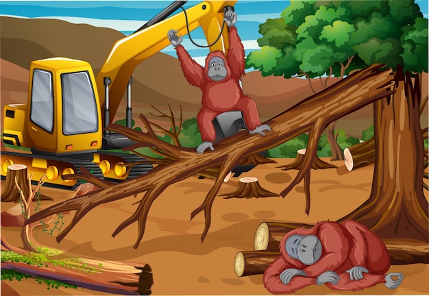 Free vector background scene with monkey and deforestation