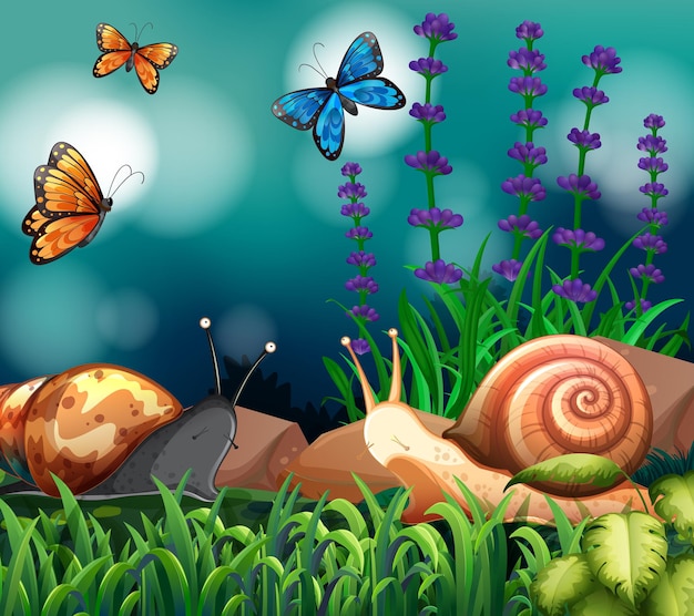 Фоновая сцена с улитками и бабочкой