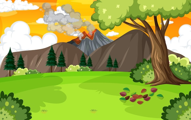 Free vector background scene with volcano and forest