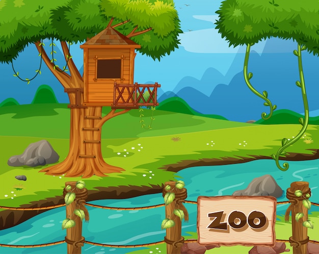Vettore gratuito scena del fondo del parco dello zoo con il fiume e la capanna sugli'alberi