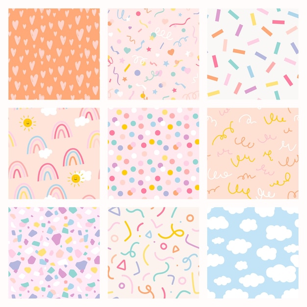 Free vector background seamless patterns  with cute pastel doodle