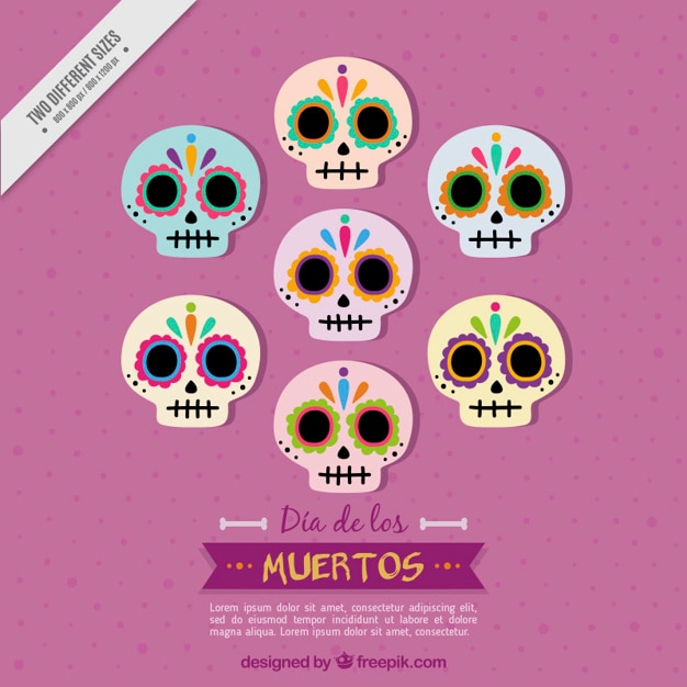 Free vector background of several mexican skulls in flat design