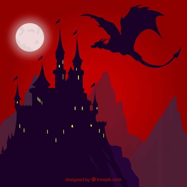 Background of silhouette castle with dragon flying