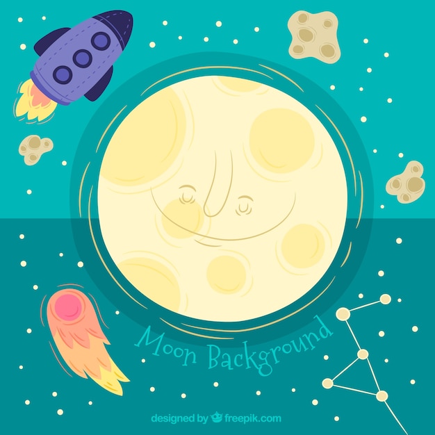 Free vector background of smiling moon with rocket and meteorites