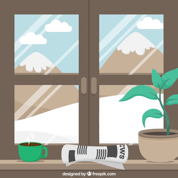 Background of snowy landscape through a window