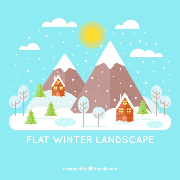 Background of snowy landscape with houses and mountains in flat design