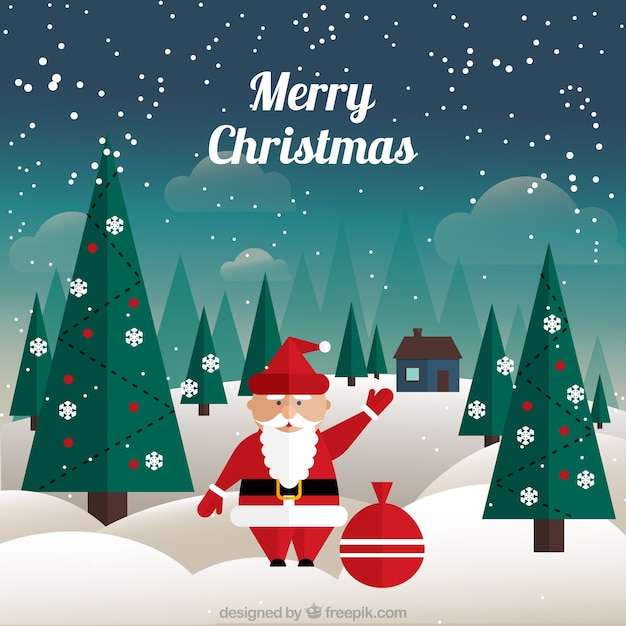 Background of snowy landscape with santa claus and gifts sack