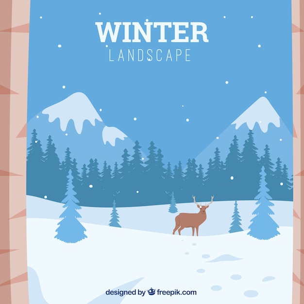 Background of snowy mountainous landscape with reindeer