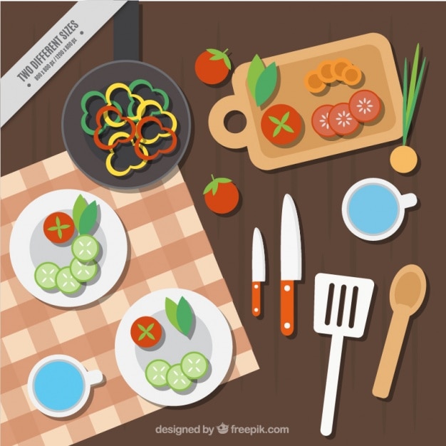 Free vector background of table with delicious food in flat design