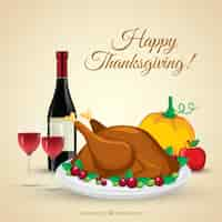 Free vector background of tasty thanksgiving dinner with wine bottle