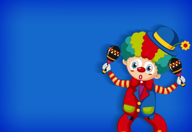 Background template design with funny clown playing maracas