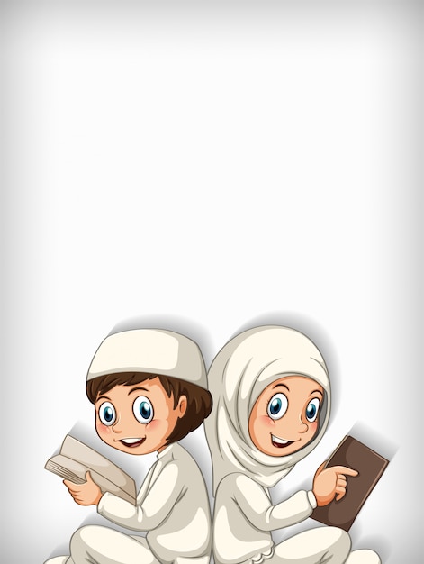 책을 읽고 두 무슬림 아이들과 배경 템플릿 디자인