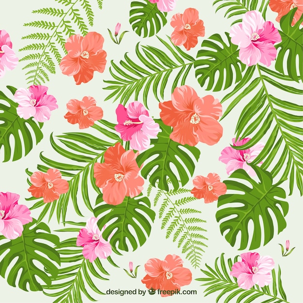 Background of tropical flowers and watercolor leaves