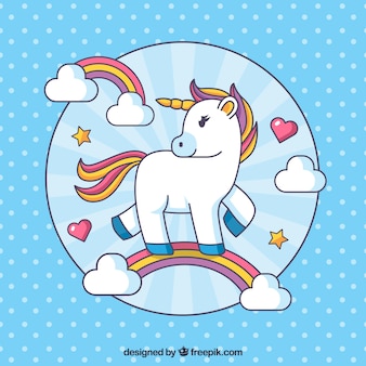 Background of unicorn polka dots with rainbows in linear style