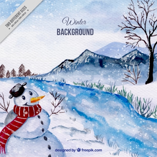 Background of watercolor snowy landscape with snowman