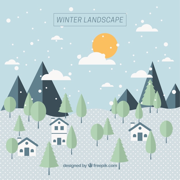 Background of winter landscape with houses and trees in flat design