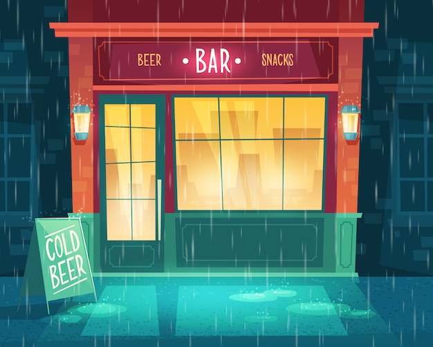 background with bar at bad weather, rain. Facade of building with illumination, signboard. 