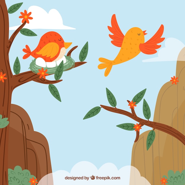 Free vector background with birds in mountains