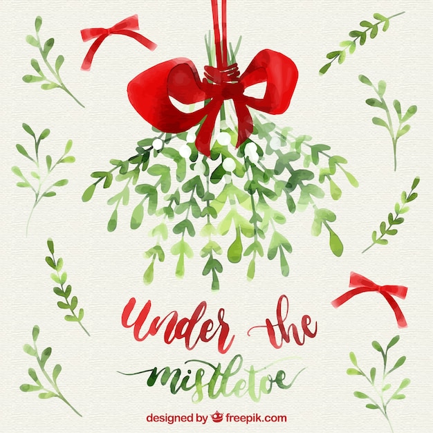 Background with bows and watercolor mistletoe