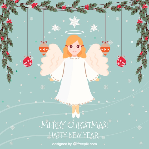 Vettore gratuito sfondo con un angelo di natale e decorazioni natalizie