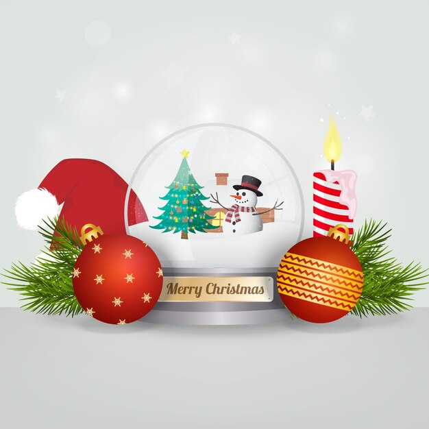 Background with christmas snowglobe and balls 