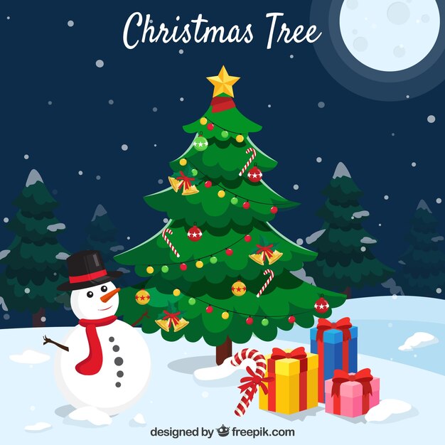 크리스마스 트리, 눈사람 및 선물 배경
