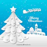 Free vector background with a christmas tree in town in paper style