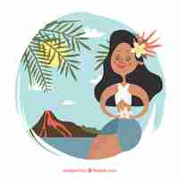 Free vector background with cute hawaiian in a landscape with volcano