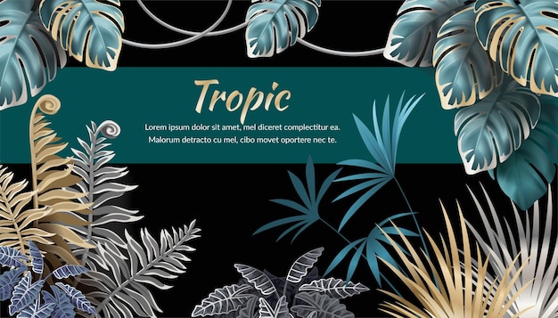 Background with dark leaves palms and lianas, sample text