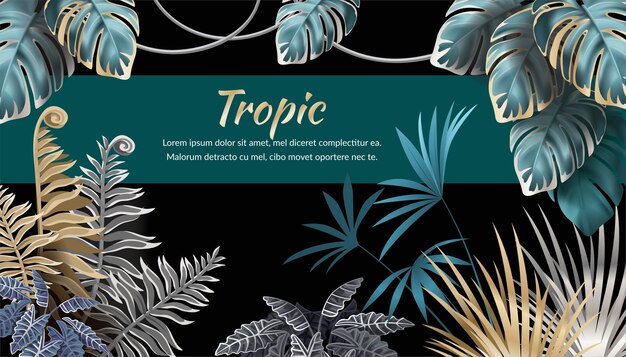 Background with dark leaves palms and lianas, sample text