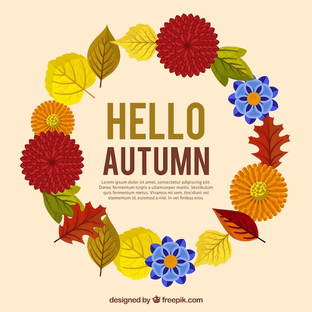 Background with decorative autumnal wreath in flat design