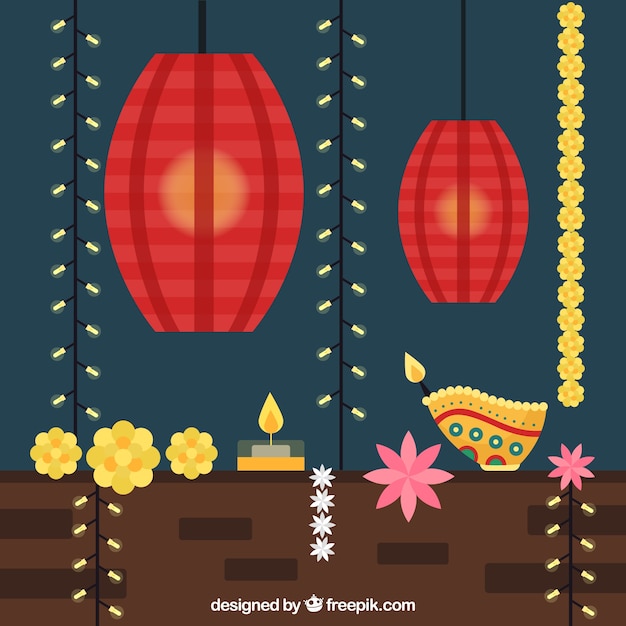 Free vector background with decorative diwali objects