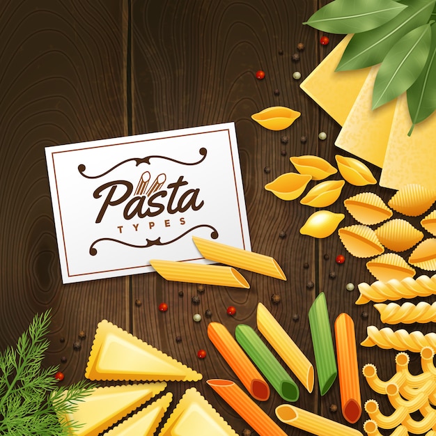 Free vector background with different kinds of pasta with green and spices on wooden table vector illustration