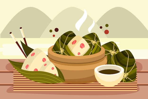 Free vector background with dragon boat's zongzi