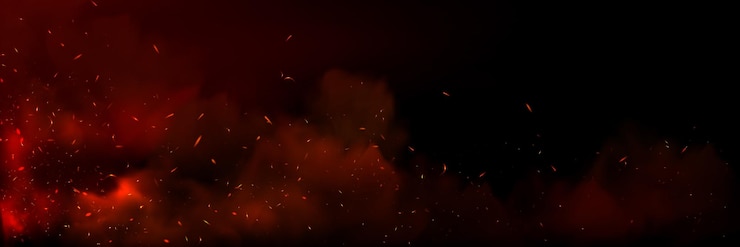 Free Vector background with fire sparks embers and smoke overlay effect of burn coal grill hell or bonfire with flame glow flying red sparkles and fog on black background vector realistic poster