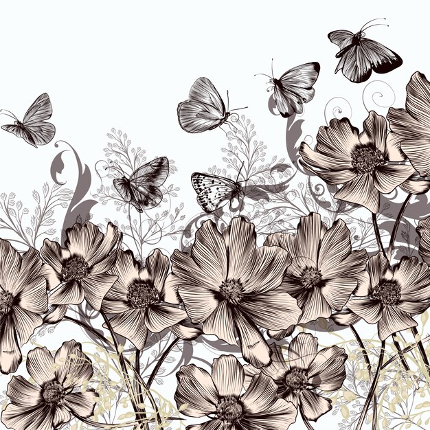 Background with flowers and butterflies