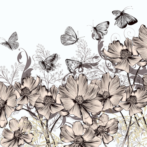 Background with flowers and butterflies