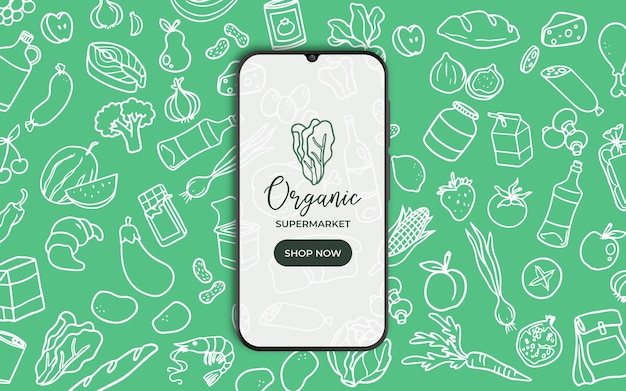 Background with food and smarthphone for supermarket