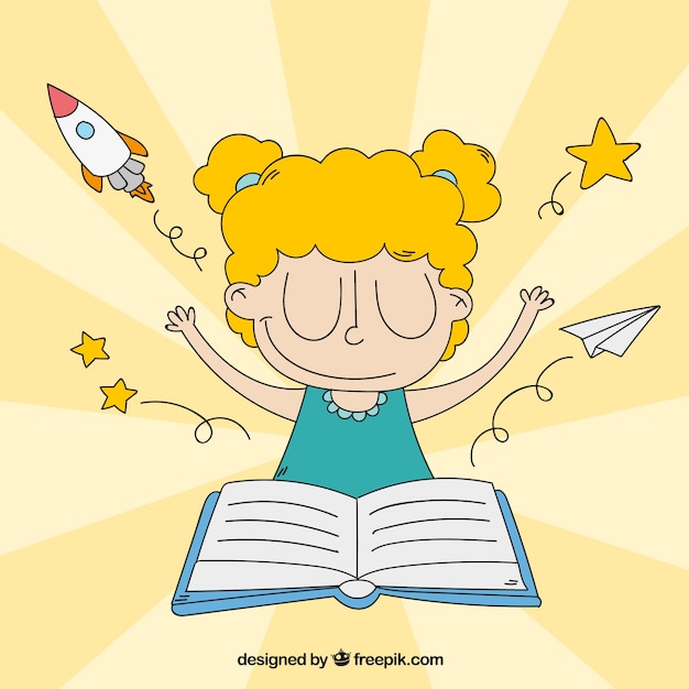 Free vector background with girl reading and fantasy elements